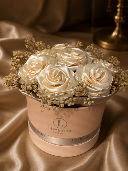 Scented Satin Rose Box by Liyamora Essence: cream-coloured box with handmade satin roses on satin