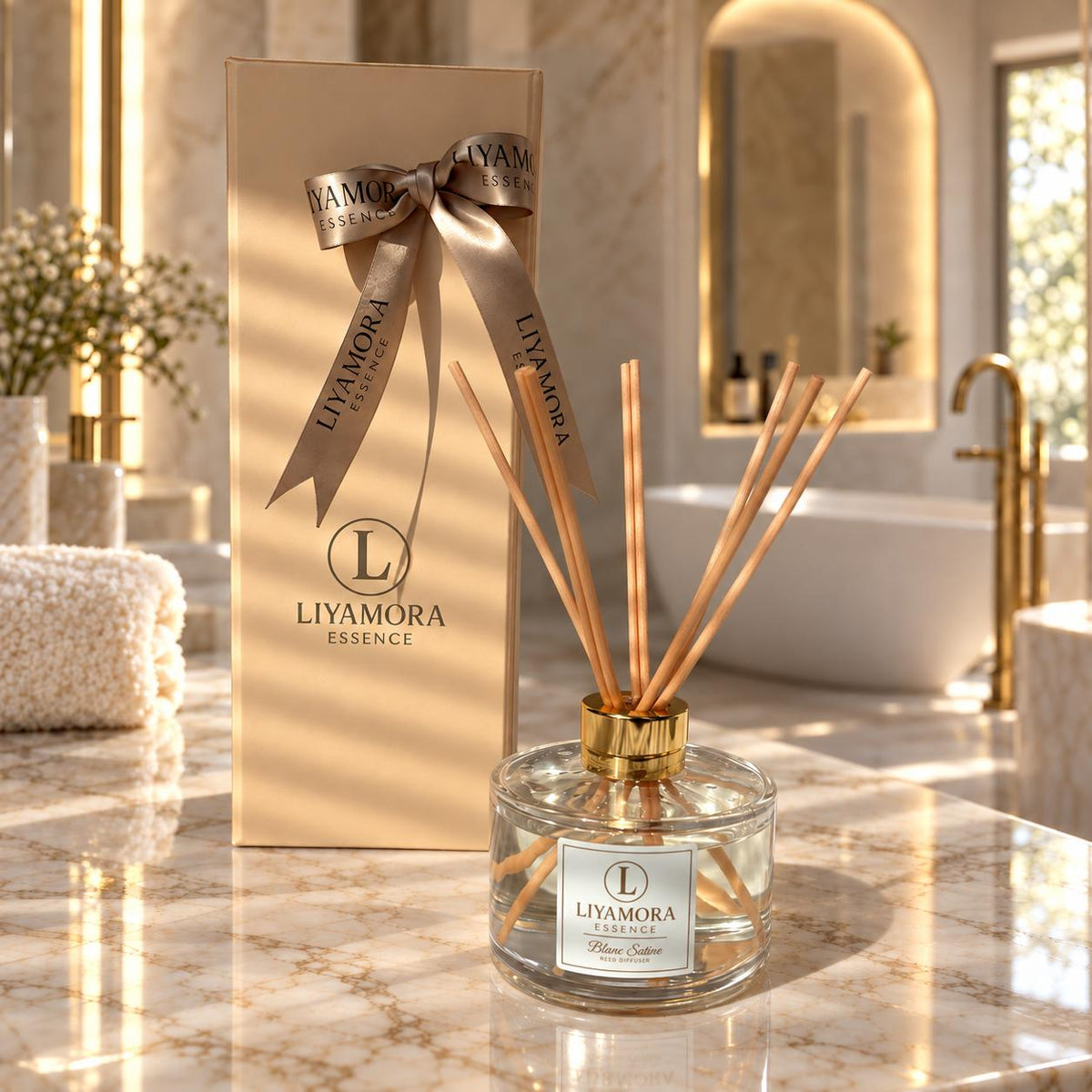 Reed diffuser 200 ml in the Blanc Satiné scent by Liyamora Essence