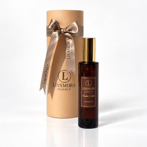 Room spray 100 ml in the Ambre Solène scent by Liyamora Essence, in its gift tube