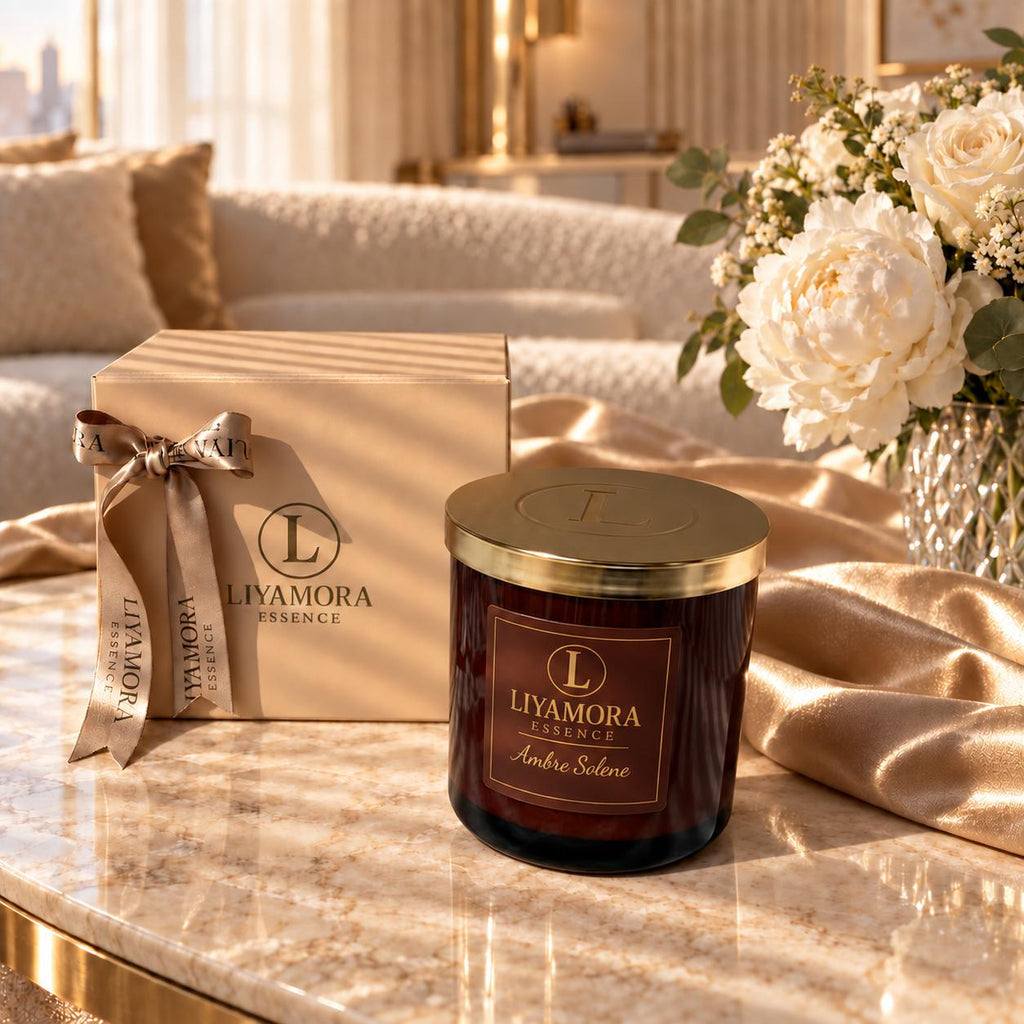 Bougie parfumée 360 g au parfum Ambre Solène de Liyamora Essence