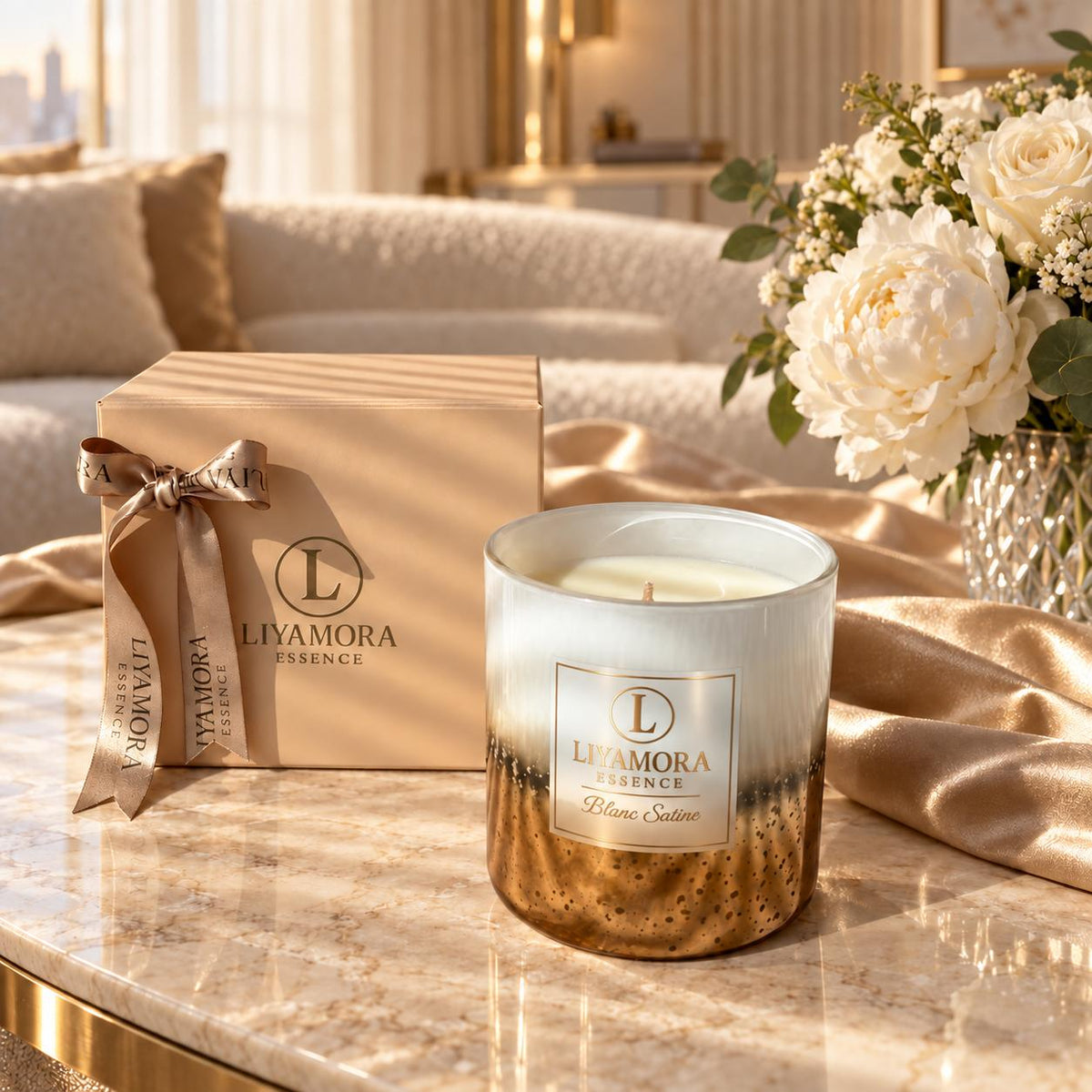 Scented candle 360 g in the Blanc Satiné scent by Liyamora Essence
