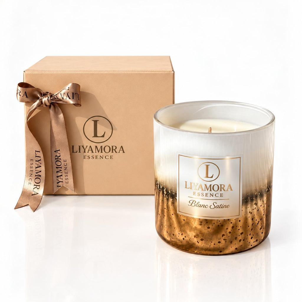 Bougie parfumée 360 g au parfum Blanc Satiné de Liyamora Essence, avec son coffret cadeau