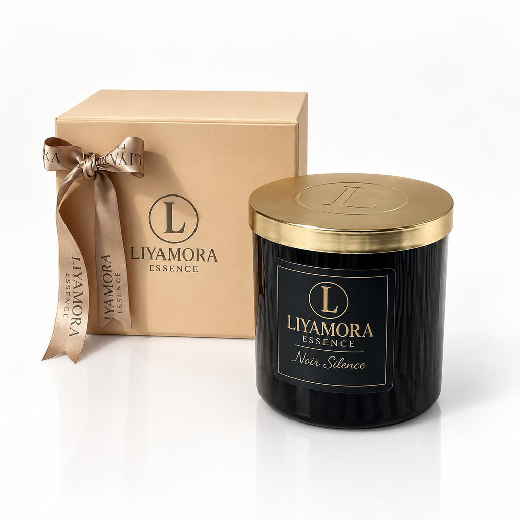 Bougie parfumée 360 g au parfum Noir Silence de Liyamora Essence, avec son coffret cadeau