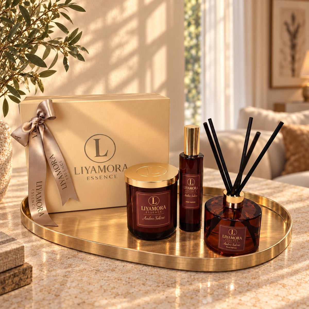 The Ambre Solène gift set by Liyamora Essence on a golden tray