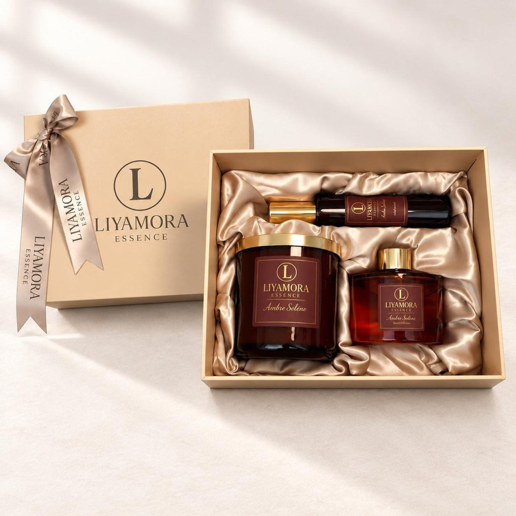 Le coffret ouvert avec le set Ambre Solène de Liyamora Essence