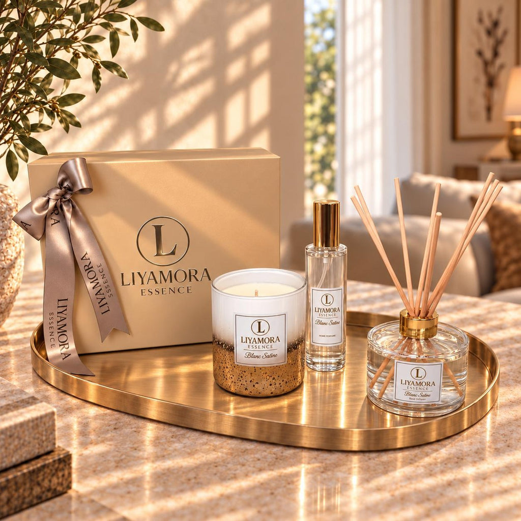 Le coffret cadeau Blanc Satiné de Liyamora Essence sur un plateau doré