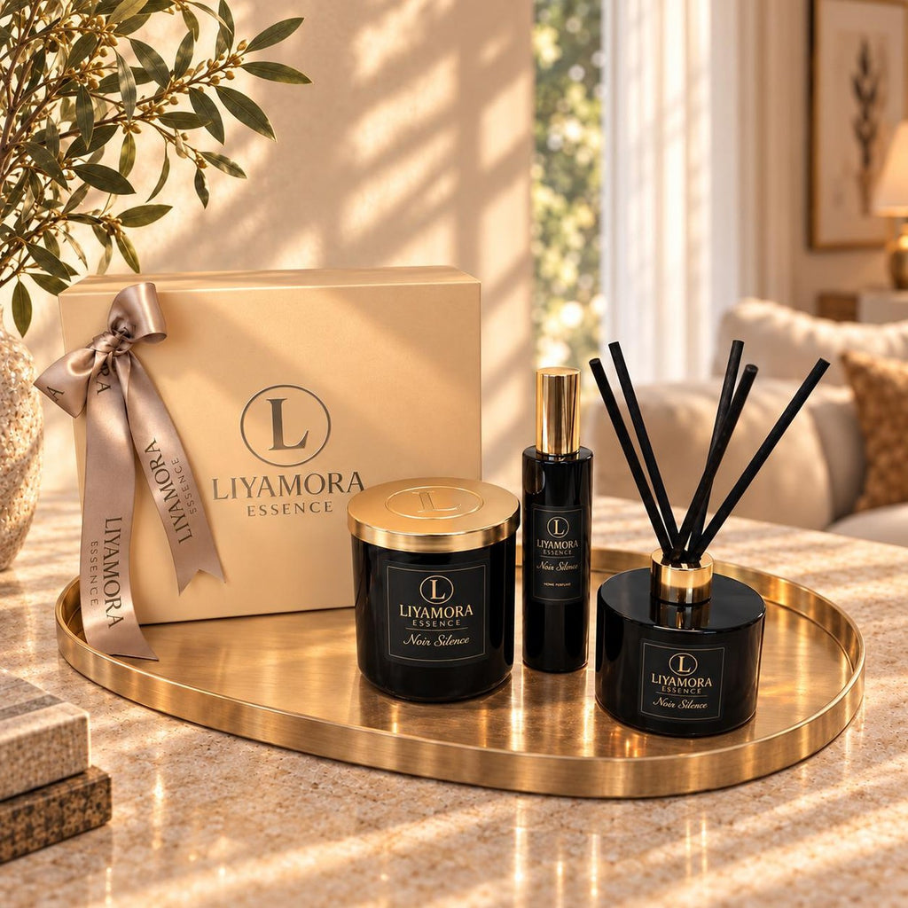 Le coffret cadeau Noir Silence de Liyamora Essence sur un plateau doré